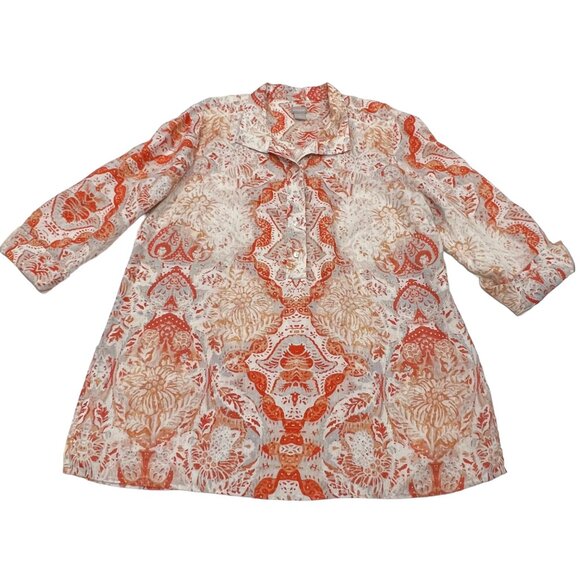 Chico's Linen Button Placket Tunic Top, Relaxed Fit, Print, Orange Cream, XL - Picture 6 of 9